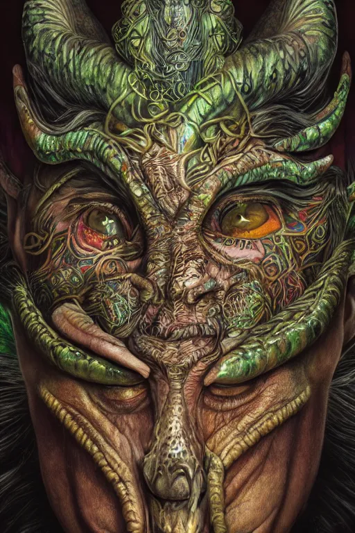 Image similar to hyperrealistic hyper detailed neo-surreal close-up 35mm portrait of levitating psychedelic shaman covered in Celtic tattoos, dinosaur head headdress, rococo matte painting concept art very dramatic lighting low angle hd 8k sharp shallow depth of field