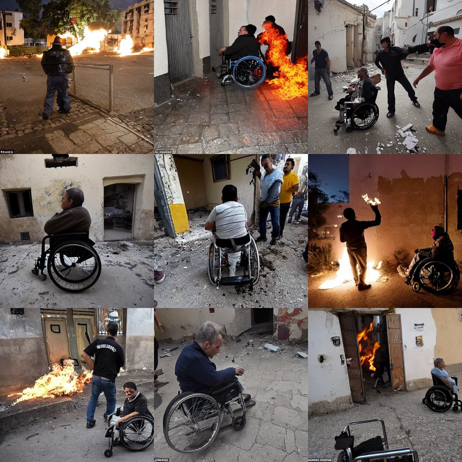 Prompt: a disabled person in a wheelchair throws a Molotov church into the building at night