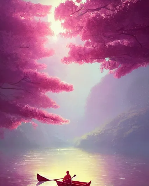 Image similar to a couple in a rowboat traveling down the river | cherry - blossoms | highly detailed | very intricate | serene romantic fantasy whimsical magical | soft bright natural morning light | pixar | award - winning | matte painting by anton fadeev and paul lehr and rhads and alena aenami | pastel color palette | featured on artstation