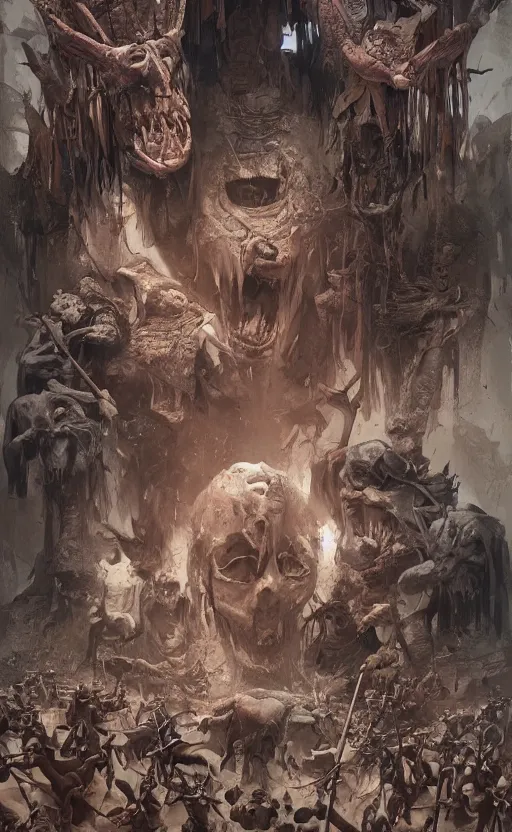 Image similar to tribal ritual in a village of death, symmetrical face features, front game card, drark, marvel comics, dark, intricate, highly detailed, smooth, artstation, digital illustration by ruan jia and mandy jurgens and artgerm and wayne barlowe and greg rutkowski and zdislav beksinski