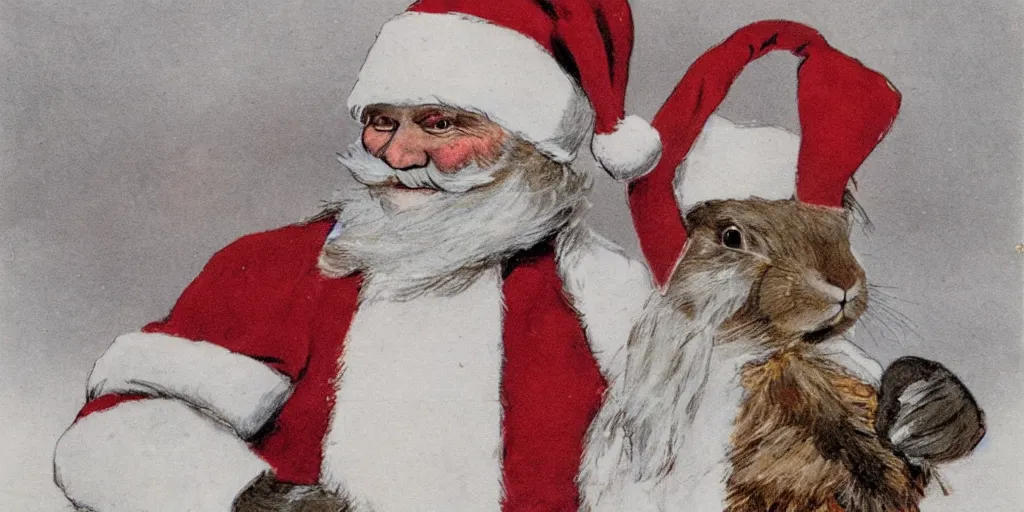 Prompt: a rabbit dressed as a swedish santa, christmas postcard, in the style of anders zorn