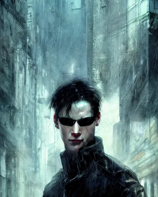Image similar to battle hardened, overpowering, pragmatic, charismatic character from the matrix, face centered portrait, confident, ruined cityscape, sterile minimalistic room, architecture, fog, volumetric lighting, illustration, perfectly shaded, greenish tinge, cold lights soft painting, art by krenz cushart and wenjun lin