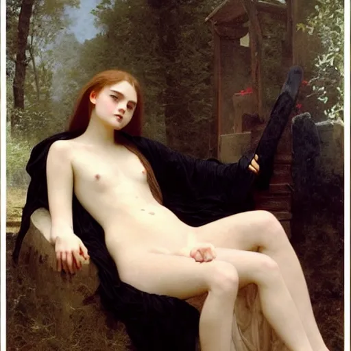 Image similar to Elle Fanning in a black cultist robe by the fire. Art by william adolphe bouguereau. Extremely detailed. Beautiful. 4K. Award winning.