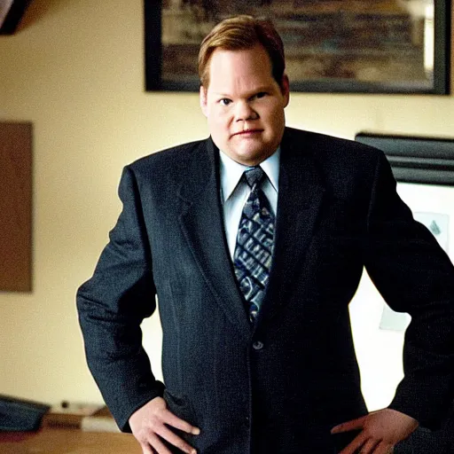 Prompt: cine still, of andy richter, wearing navy suit and necktie, in comedy drama ( 2 0 0 3 ), finely detailed