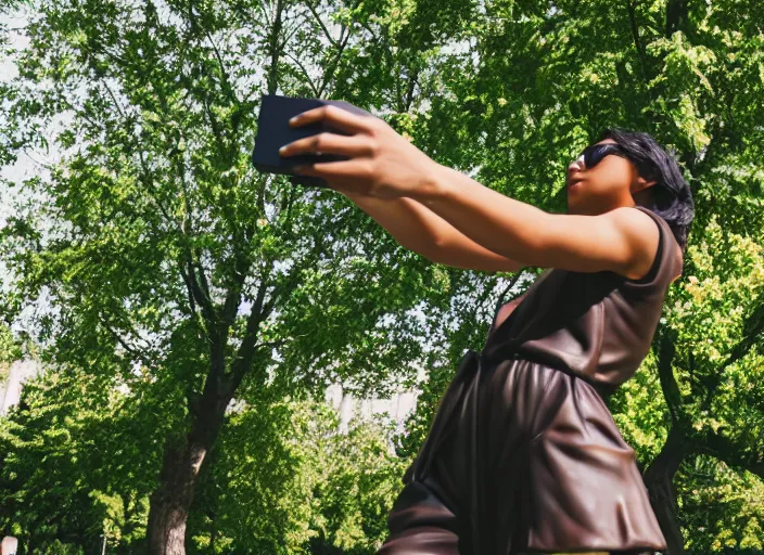 Image similar to photo still of a bronze statue of a woman using an iphone to take a selfie in a park on a bright sunny day, 8 k 8 5 mm f 1 6