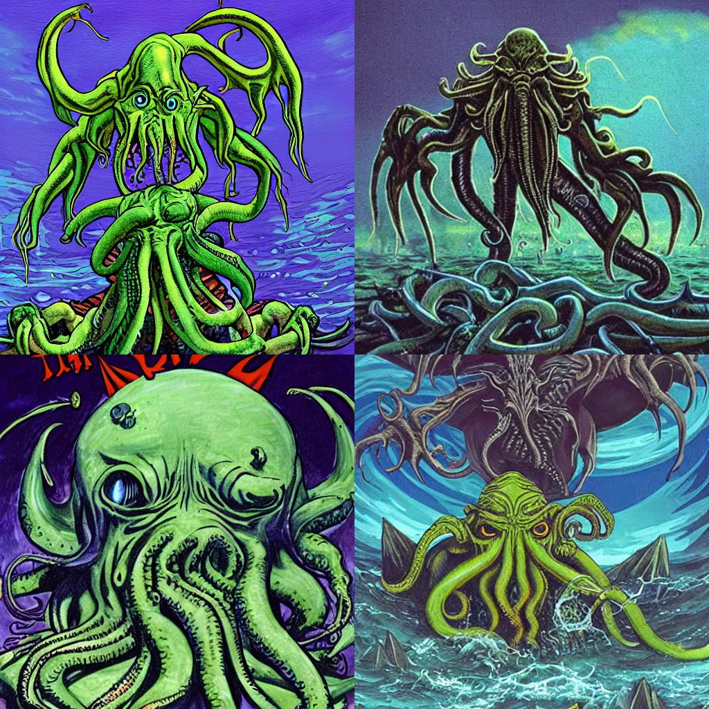 Prompt: Cthulhu coming out of the Great Pacific Garbage Patch with thrash on his face, detailed fantasy art