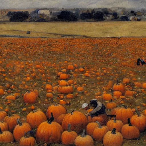 Image similar to a field of rotting pumpkins, by Sir James Guthrie, hyperrealism