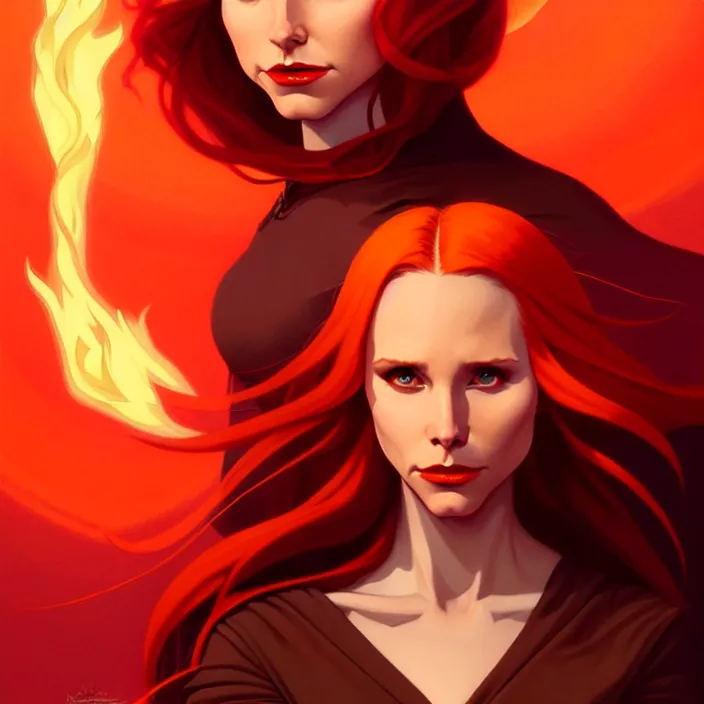 Prompt: style artgerm, joshua middleton, gerald brom, beautiful kristen bell with dark red dress, very long orange hair, symmetrical face, symmetrical eyes, fire powers fire swirling, detailed, volcano setting, cinematic lighting