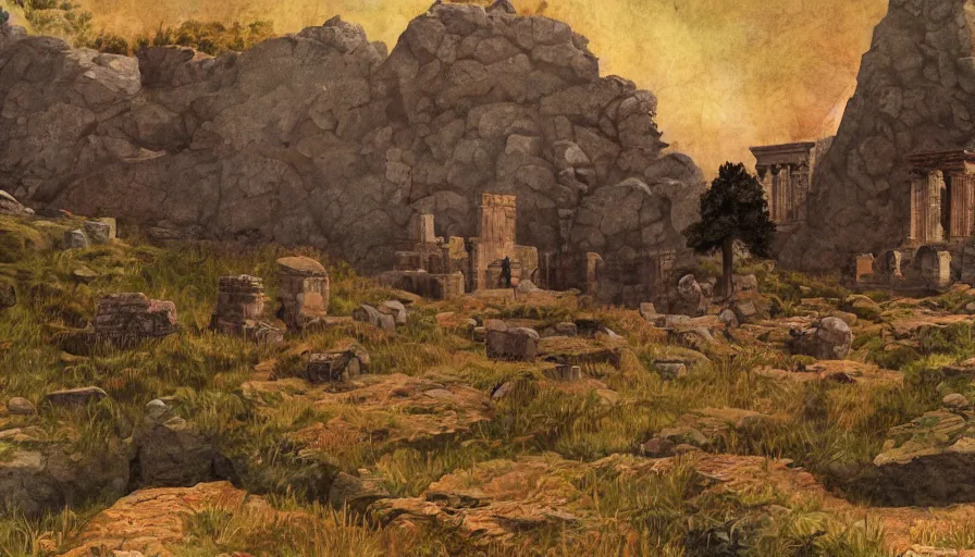 Prompt: a sleeping giant nestled between roman ruins, in the art style of the painter arellius