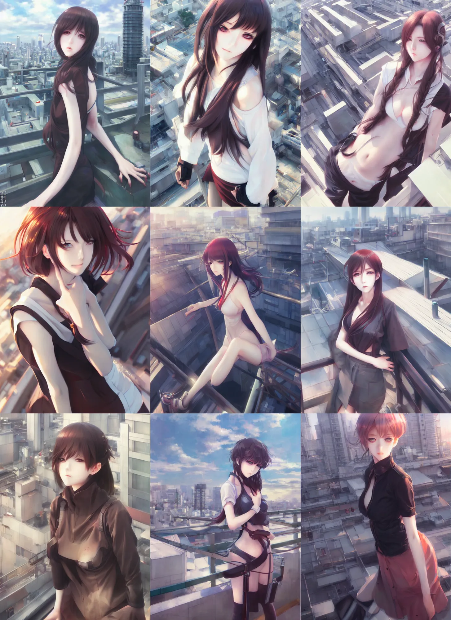 Prompt: ultra realistic beautiful anime woman techno art, tokyo rooftop, by wlop and krenz cushart and tian zi