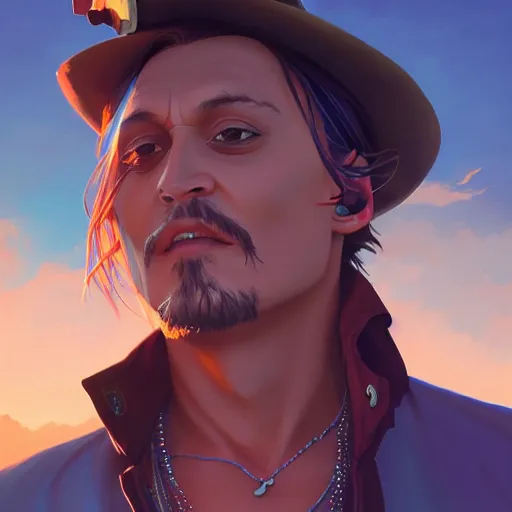 Image similar to johnny depp, sunset, behance hd by jesper ejsing, by rhads, makoto shinkai and lois van baarle, ilya kuvshinov, rossdraws radiating a glowing aura global illumination ray tracing hdr