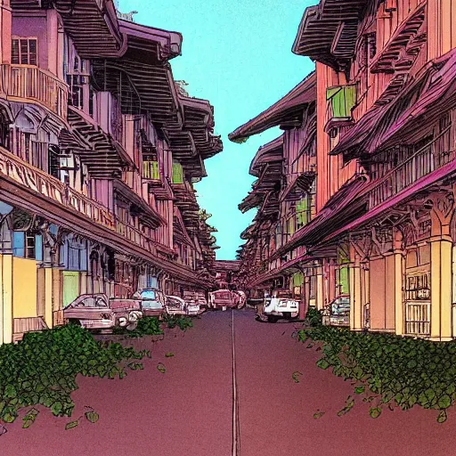 Image similar to a street in singapore, by moebius