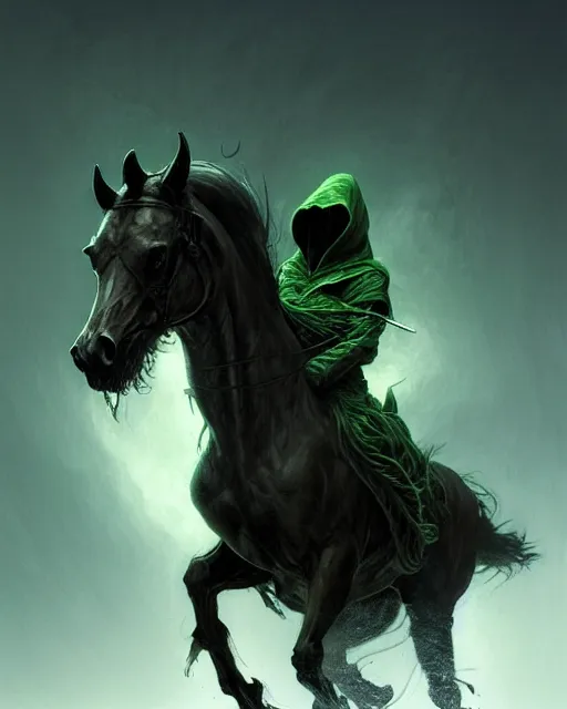 Image similar to concept art by artgerm, pestilence of the four horsemen of the apocalypse, soft green natural light, intricate, hooded death riding a horse, highly detailed dark art, digital painting, artstation, concept art, smooth, sharp focus, illustration, art by greg rutkowski and luis rollo and uang guangjian and gil elvgren, symmetry!