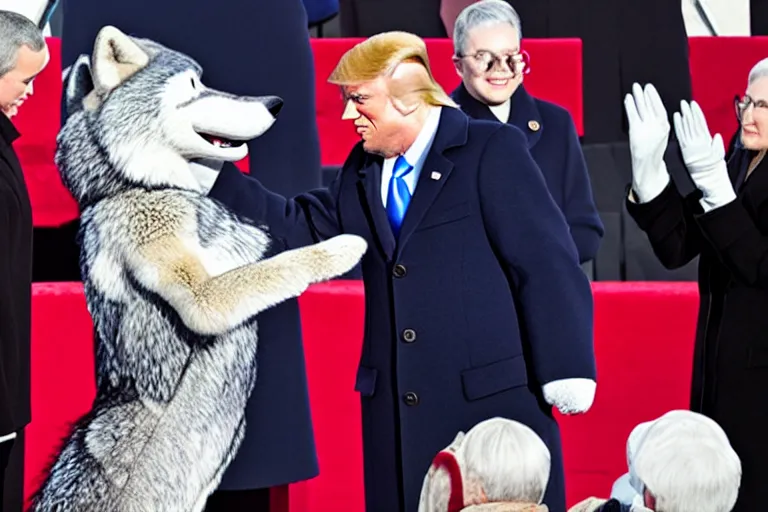 Image similar to photo of the usa presidential inauguration, a wolf fursuiter being inaugurated as president