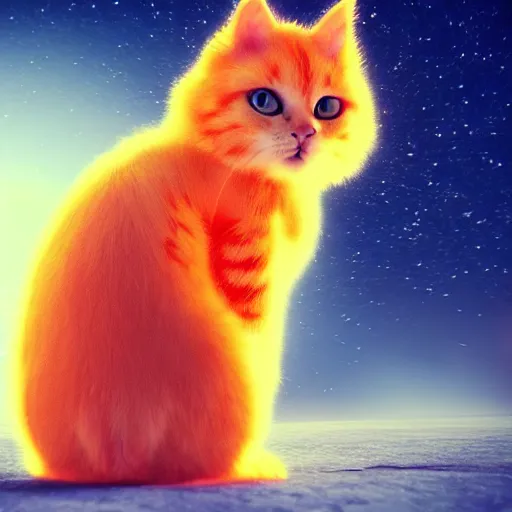 Image similar to A fuzzy orange cat sitting on planet earth, space with stars in the background, eerie vibes, trending on artstation, 3D animation