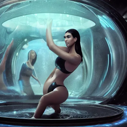 Prompt: kim kardashian inside alien water tank, attire: bikini, Polaroids, establishing action shot, ultra detailed, trending on artstation, concept art, intricate details, 8k detail, post processing, hyperealistic, octane render, led lights, full body, full shot.