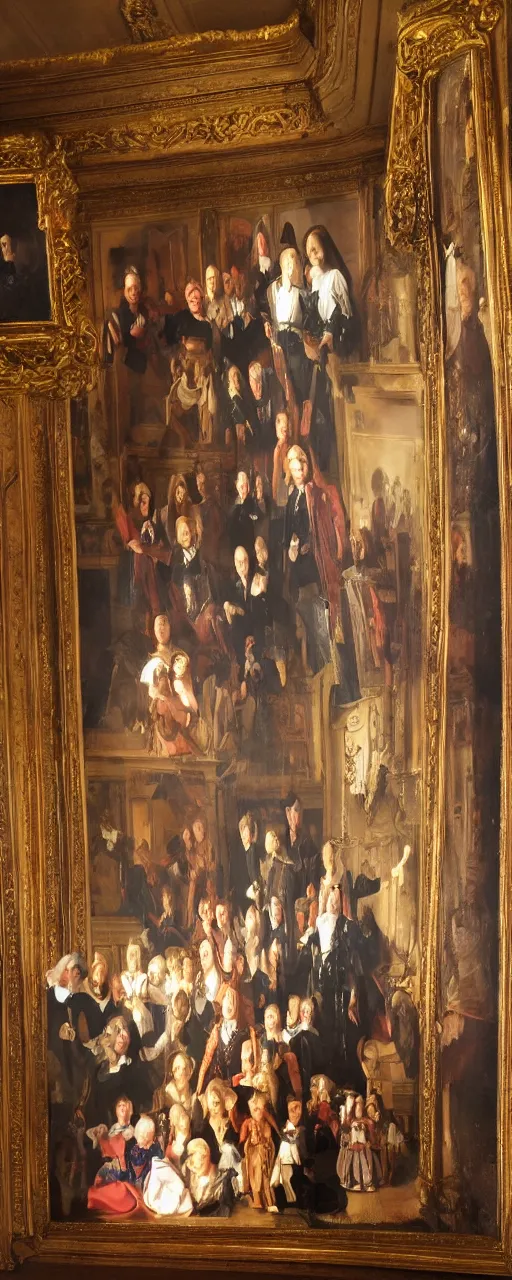 Image similar to oil paint canva of family portrait in the main room of the castle, dark room, one point of light trough a big window. baroque style 1 6 5 0, high details on clothes, realistic faces and expressions