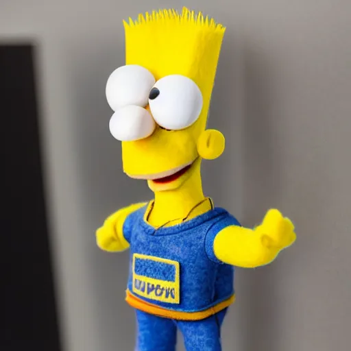 Prompt: bart simpson as a muppet with yellow skin, pointy hair, orange tshirt. highly detailed felt. hyper real photo. 4 k.