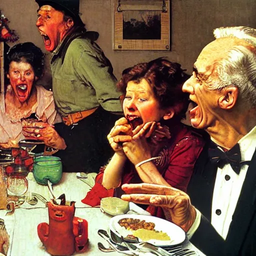 Image similar to a man yelling at his mother during a family christmas dinner by norman rockwell