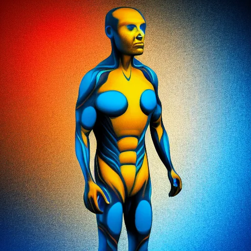 Image similar to human man that resembles a wasp morh in surreal sketch style, blue and yellow gradient, noise, ultrafine detail, hd 8k, logo illustration