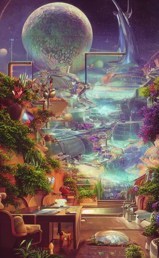 Prompt: a photorealistic detailed cinematic image of futuristic gardens, lounge, portals, teleport, robots, emotional, compelling, by pinterest, david a. hardy, kinkade, lisa frank, wpa, public works mural, socialist.