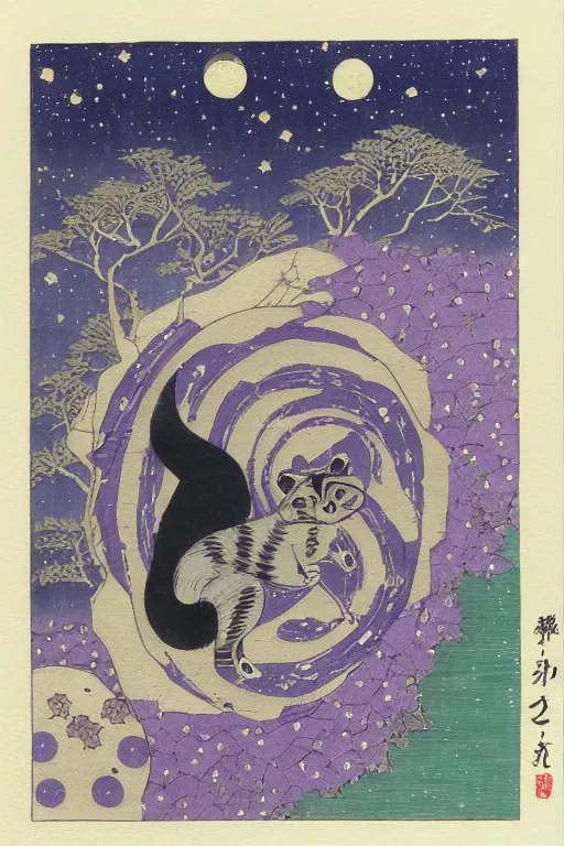 Image similar to purple raccoon in the stars in the style of Utagawa Hiroshige