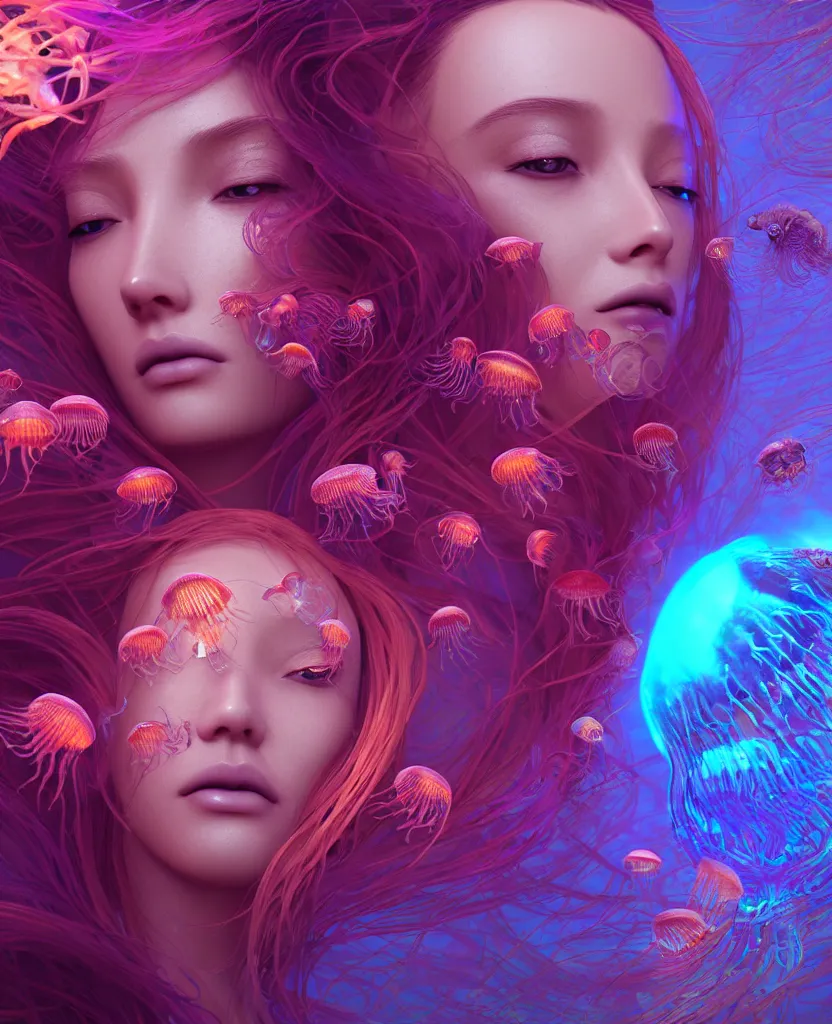 Image similar to goddess close-up portrait. orchid jellyfish phoenix head, nautilus, skull, betta fish, bioluminiscent creatures, intricate artwork by Tooth Wu and wlop and beeple. octane render, trending on artstation, greg rutkowski very coherent symmetrical artwork. cinematic, hyper realism, high detail, octane render, 8k