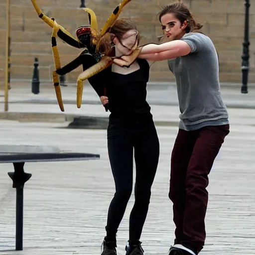 Image similar to emma watson grappling with a giant spider