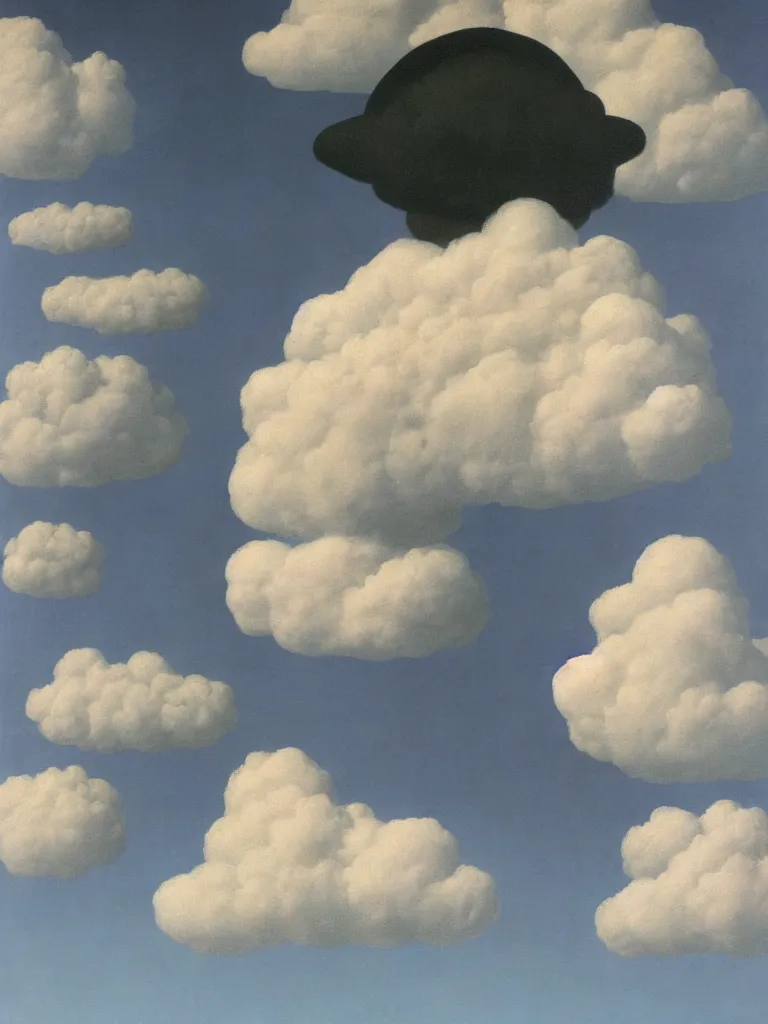 Image similar to portrait of cloud man by rene magritte, detailed painting, hd, hq, high resolution, high detail, 4 k, 8 k