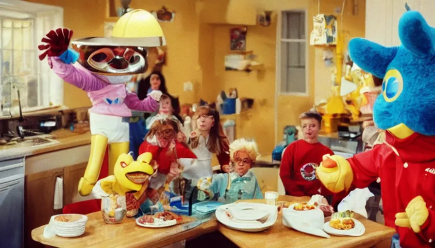 Image similar to 1 9 9 0 s candid 3 5 mm photo of a beautiful day in the family kitchen, cinematic lighting, cinematic look, golden hour, an absurd costumed mascot from the wacky giant face space club show is forcing the children to eat cereal, children are eating way too much cereal, uhd