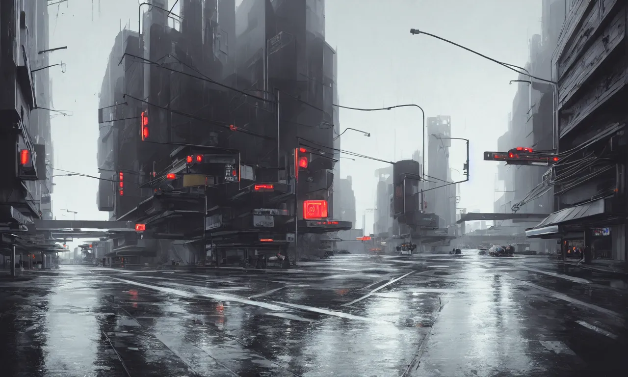 Image similar to photorealistic streetscape, simple brutalist architecture, metal, concrete, puddles of water, white neon lights, neon signs, flying vehicles, pedestrians, greg rutkowski, syd mead, ralph mcquarrie, concept art, matte painting, finely detailed, minimal artifacts, rule of thirds, dynamic lighting, cinematic, denoised, centered, artstation