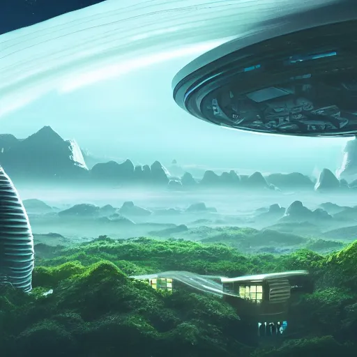 Prompt: alien colony, house, jungle sifi, station, city, colonization by photo, atmosphere lighting, panoramic, art, living, 4 k, 8 k,