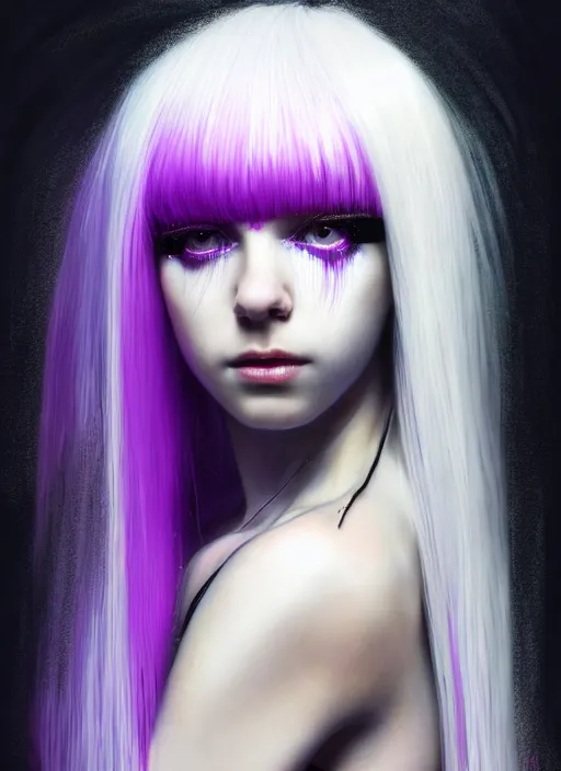 Image similar to hair whitebangs hair, black cyberlox, portrait of teenage girl with white bangs, whitebangsblackhair, messy bangs, cyberlox, whitebangs, red irises, purple clothes, intricate, elegant, glowing lights, highly detailed, digital painting, artstation, concept art, sharp focus, illustration, art by wlop, mars ravelo and greg rutkowski