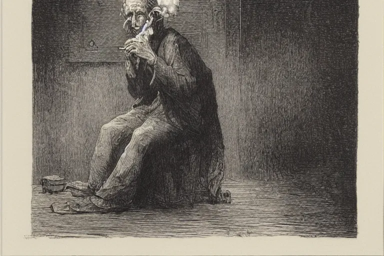 Image similar to man wearing paper bag smoking a blunt, Gustave Dore lithography