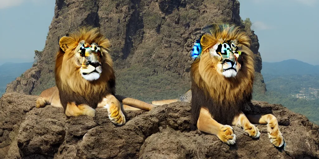 Image similar to hyperrealistic photo of a lion roaring on top of a rock over looking the jungle, 8 k