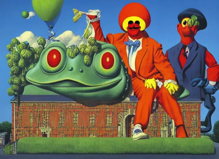 Image similar to The Frog King welcomes you Clown World, painting by René Magritte and Robert Crumb