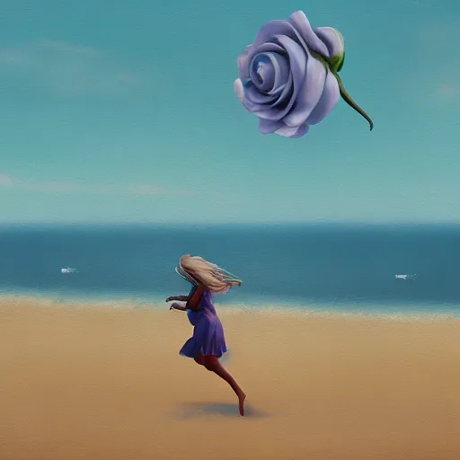 Image similar to portrait, giant rose flower head, woman running at the beach, surreal photography, sunrise, blue sky, dramatic light, impressionist painting, digital painting, artstation, simon stalenhag