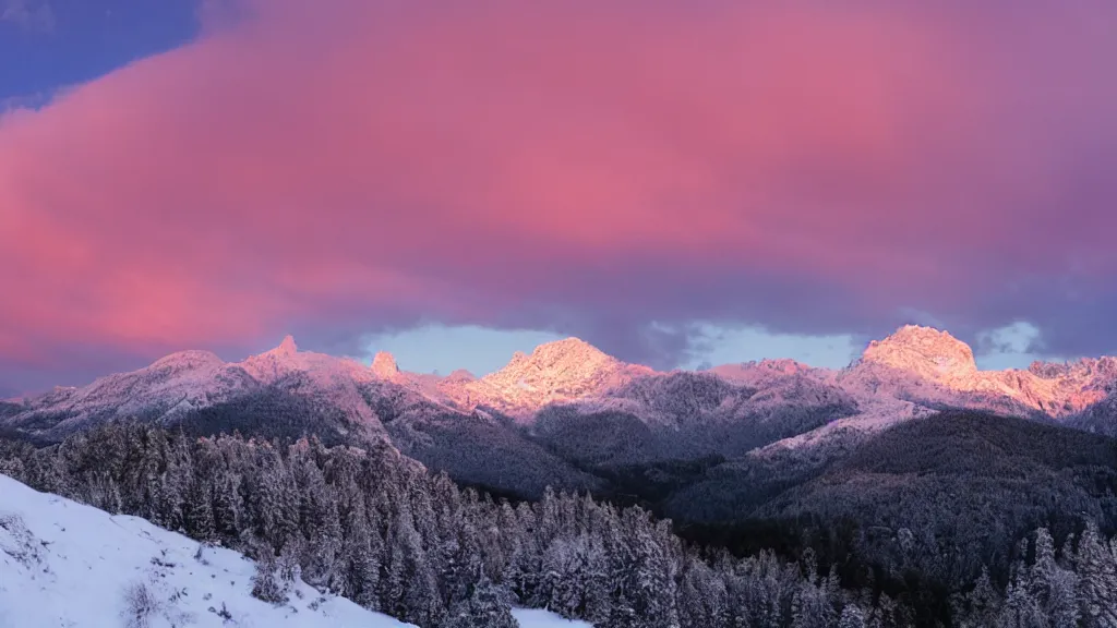 Prompt: Beautiful snowy mountains under the pink clouds backlit by the sun