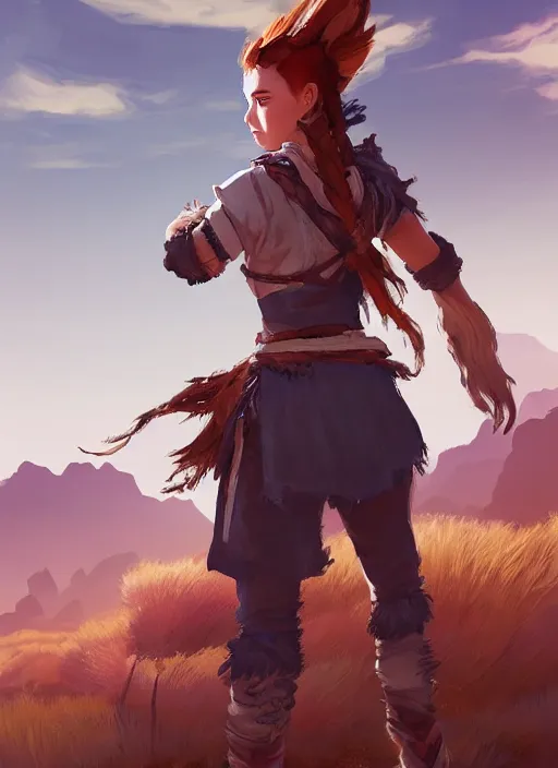 Prompt: Aloy, standing confidently, desert in the background, natural lighting, digital painting, concept art, sharp focus, illustration, single character full body, rule of thirds, from Horizon: Zero Down, by Artgerm