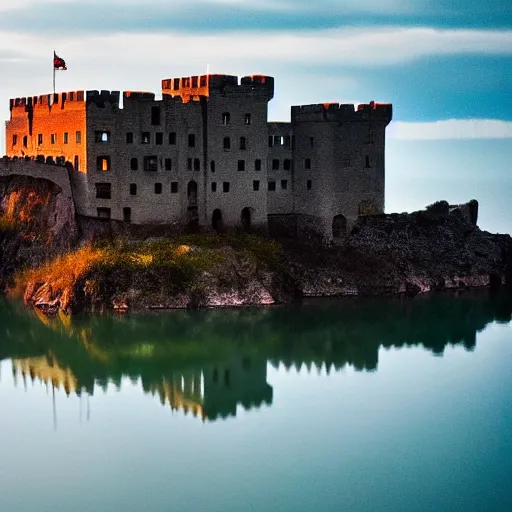 Image similar to castle fortress on an island in a lake, national geographic, real location, 8k photography, trending on artstation