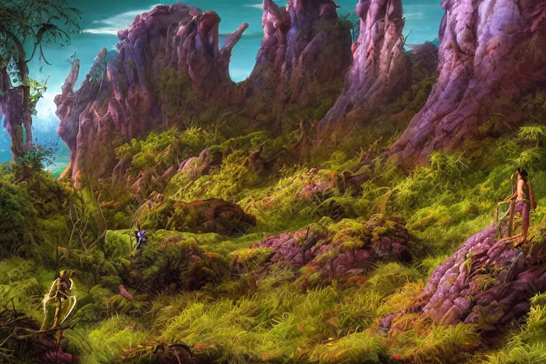 Image similar to digital painting of a lush natural scene on an alien planet by gerald brom. digital render. detailed. beautiful landscape. colourful weird vegetation. cliffs and water.