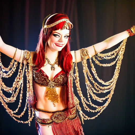 Image similar to a portrait of emma stone dressed as a belly dancer, arabian night, high quality, fully detailed, 4 k, in focus face with fine details, realistic hand details and anatomy