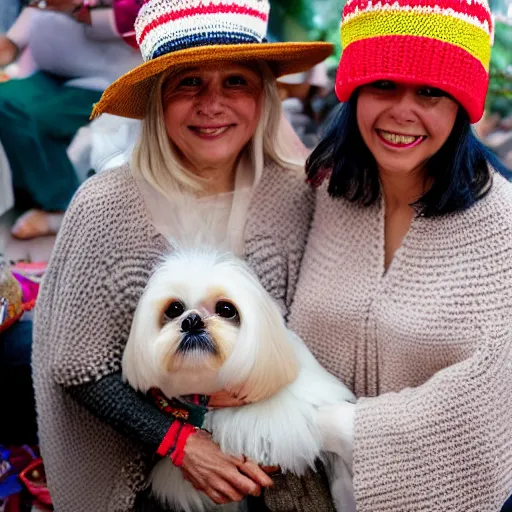 Image similar to a cream-colored Havanese and shih tzu wearing a knitted cinco de mayo ponchos and knitted hats at a fiesta in Mexico, Leica 35mm, 4K