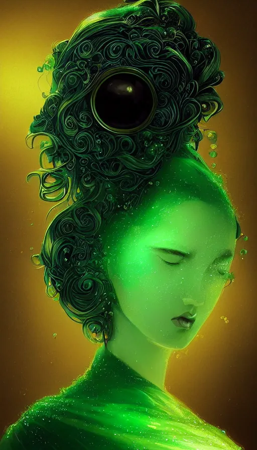 Image similar to portrait of magical green dj , dark fantasy, gradient green black, dreamy and ethereal, (colour) eyes, one head, golden ratio, peaceful expression, ornate frilly dress, fantasy, intricate, elegant, rainbow bubbles, highly detailed, digital painting, artstation, concept art, smooth,b sharp focus, illustration, art by artgerm and greg rutkowski and alphonse mucha