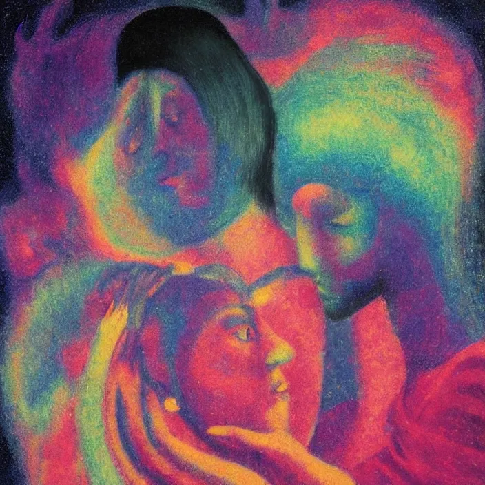 Image similar to close portrait of woman and man kissing. aurora borealis. iridescent, vivid psychedelic colors. painting by bosch, agnes pelton, utamaro, monet