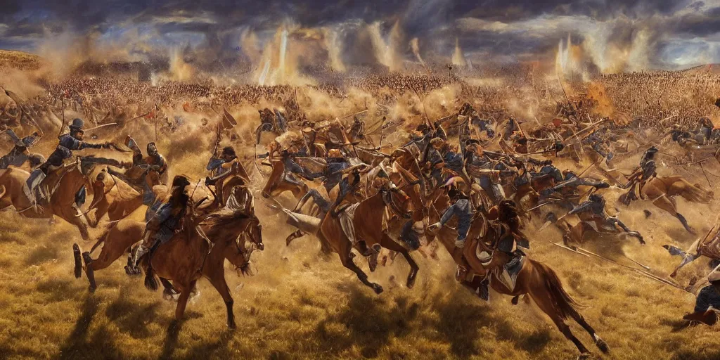 Image similar to zoom in on the battle of little bighorn ( 1 8 7 6 ), majestic sweeping action, cinematic lighting, dramatic lighting, cinematic lighting, hyperdetailed, trending on rendered in ue 5, digital art, oil on canvas, artstation cgsociety, 8 k, 4 k