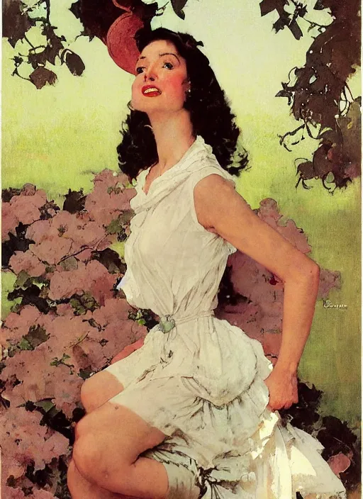 Prompt: illustration upper body and head portrait of elegant woman in summer dress, by norman rockwell, roberto ferri, daniel gerhartz, edd cartier, jack kirby, howard v brown, ruan jia, tom lovell, frank r paul, jacob collins, dean cornwell, pulp 5 0 s scifi