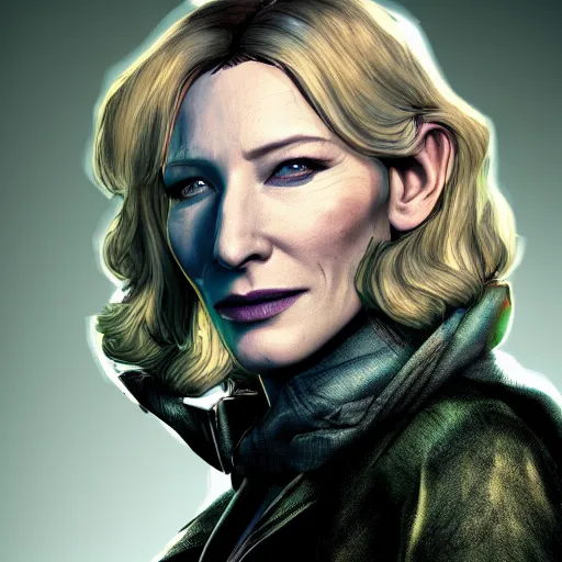 Image similar to cate blanchett portrait, borderlands, tales from the borderlands, the wolf among us, comic, cinematic lighting, studio quality, 8 k