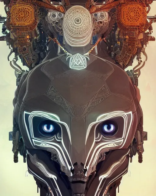 Image similar to symmetry!! portrait of a machine from horizon zero dawn, machine face, decorated with pharoanic motifs, intricate, elegant, highly detailed, digital painting, artstation, concept art, smooth, sharp focus, illustration, art by artgerm and greg rutkowski and alphonse mucha, 8 k