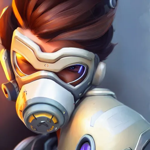 Image similar to overwatch tracer wearing a cyber gas mask, digital art, pretty face, very beautiful face, very detailed eyes, ultra detailed, by woop, greg rutkowski,